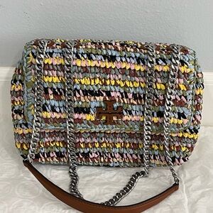 Tory Burch Multicolor Woven Raffia Chain Shoulder Bag with Brown Trim